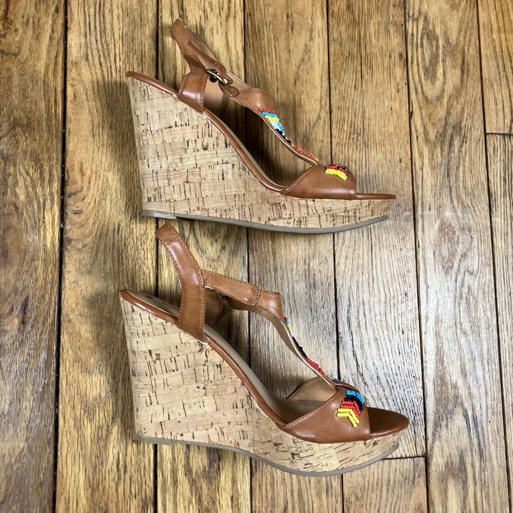 Arizona Jean Co Womens Brown Beaded Cork Wedge Sandals Platform Heels Size 10